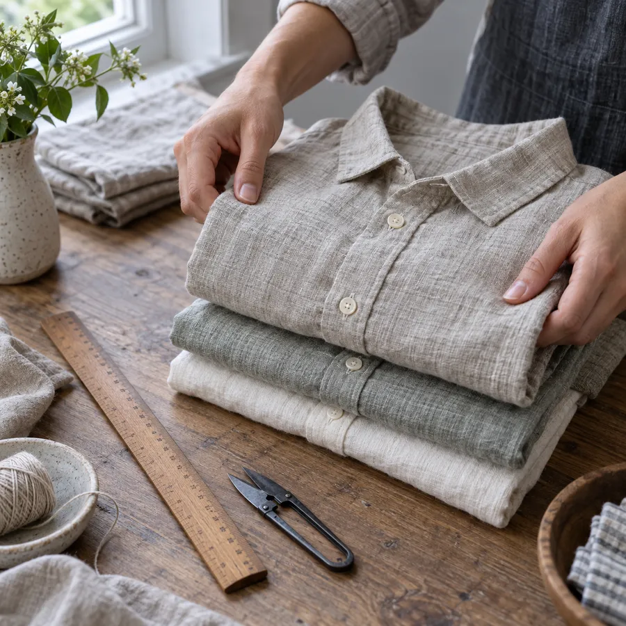 Manos doblando camisas de lino en un mostrador de madera