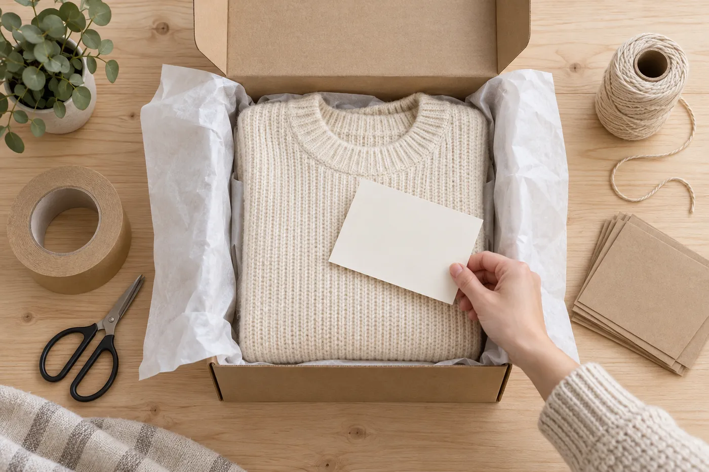 Jersey crudo envuelto en papel de seda dentro de una caja de cartón reciclado