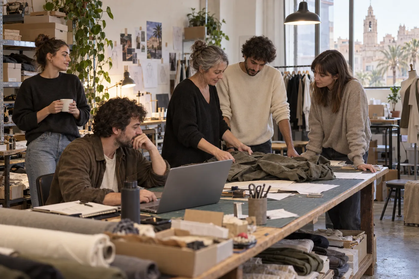 El equipo de Aprop revisando una prenda alrededor de la mesa de corte del taller