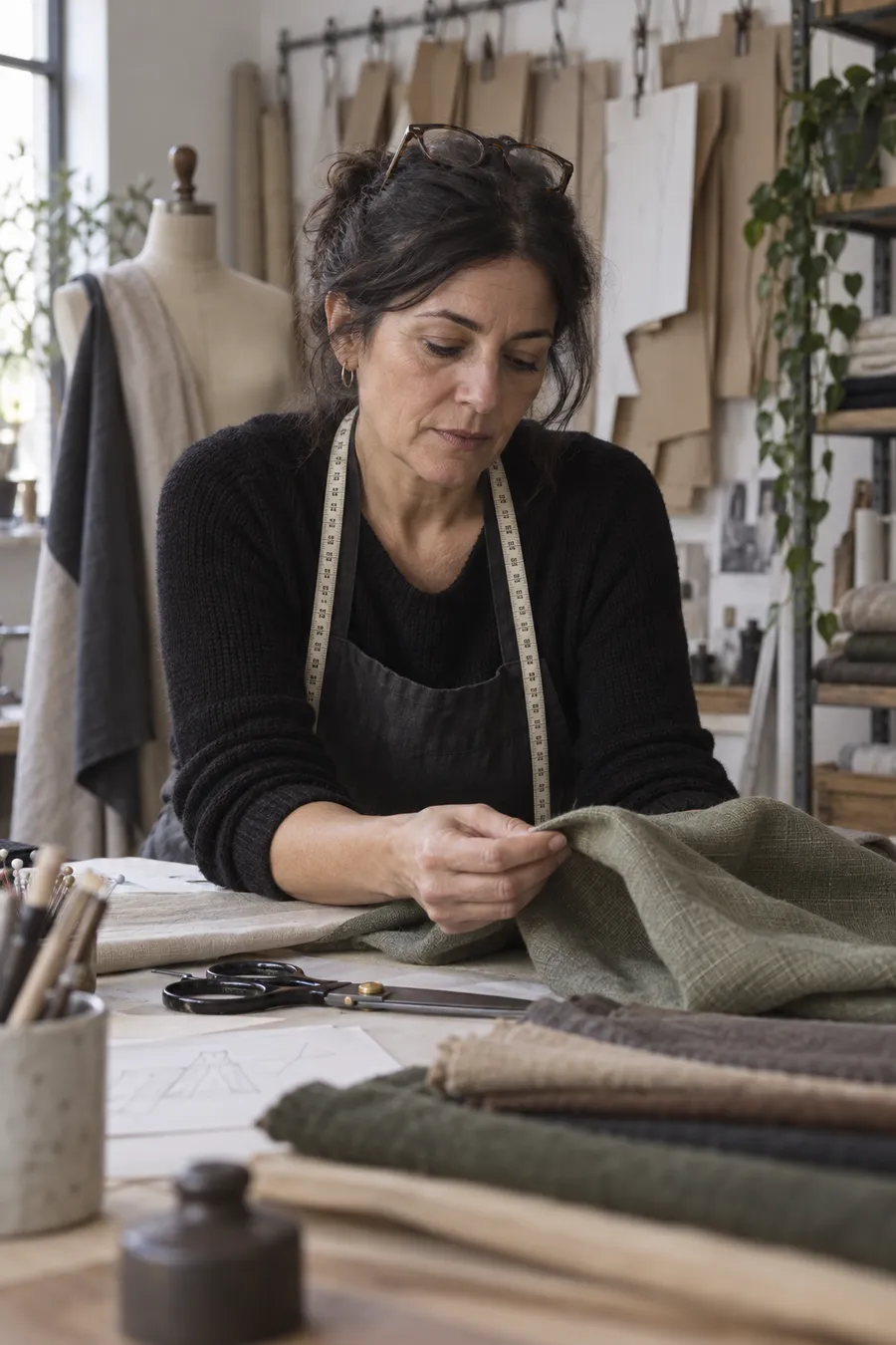 Elena, fundadora de Aprop, examinando una muestra de tejido en el taller