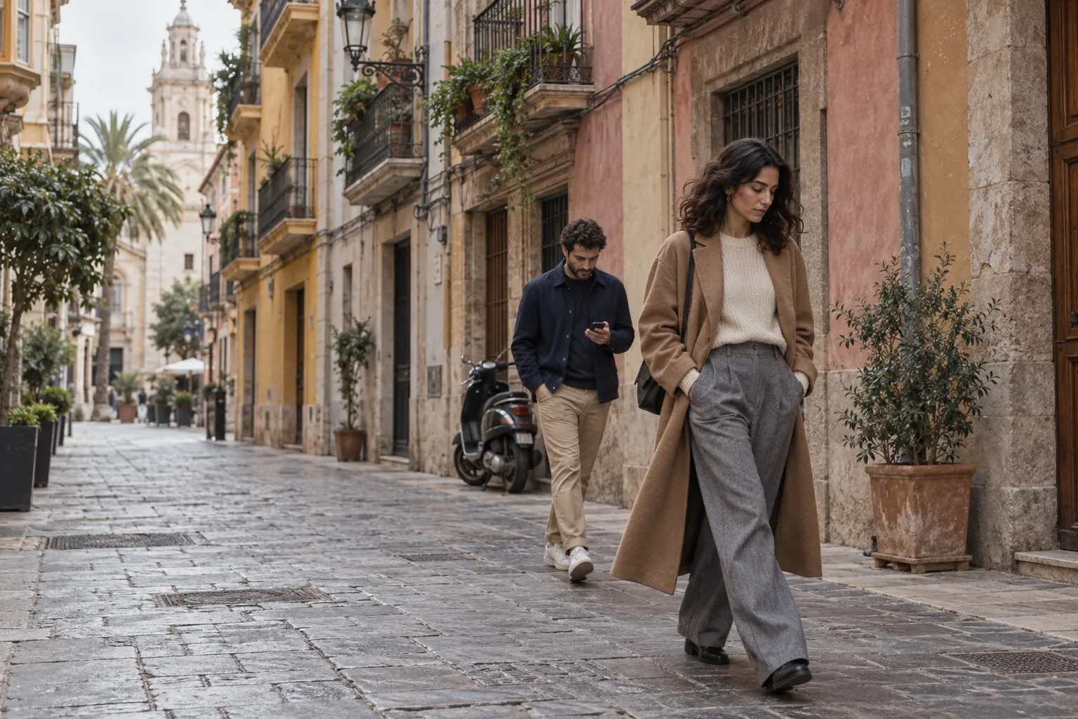Una mujer con abrigo camel y un hombre con sobrecamisa azul caminan por una calle de Ciutat Vella en València