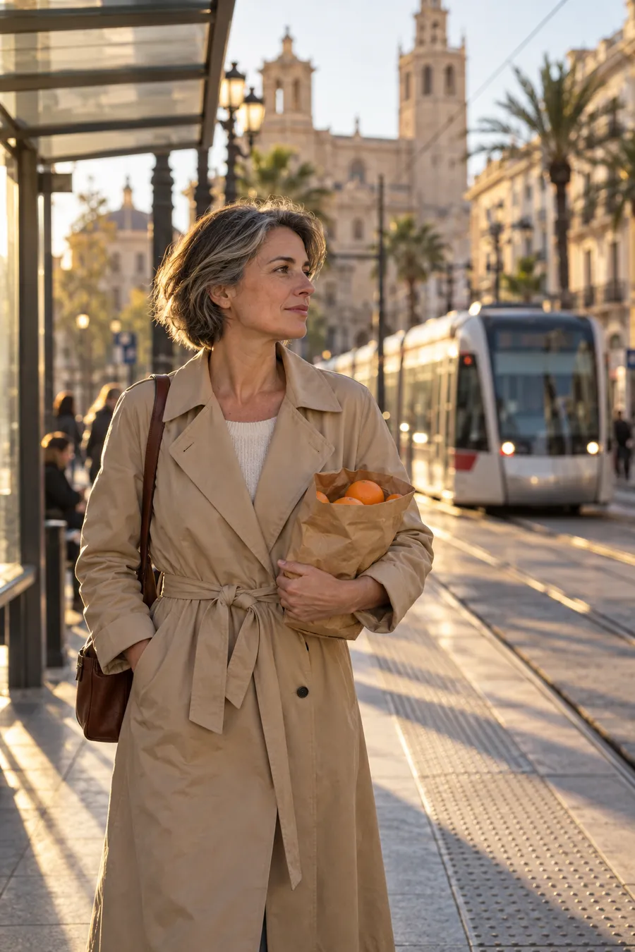 Mujer con gabardina beige en una parada de tranvía