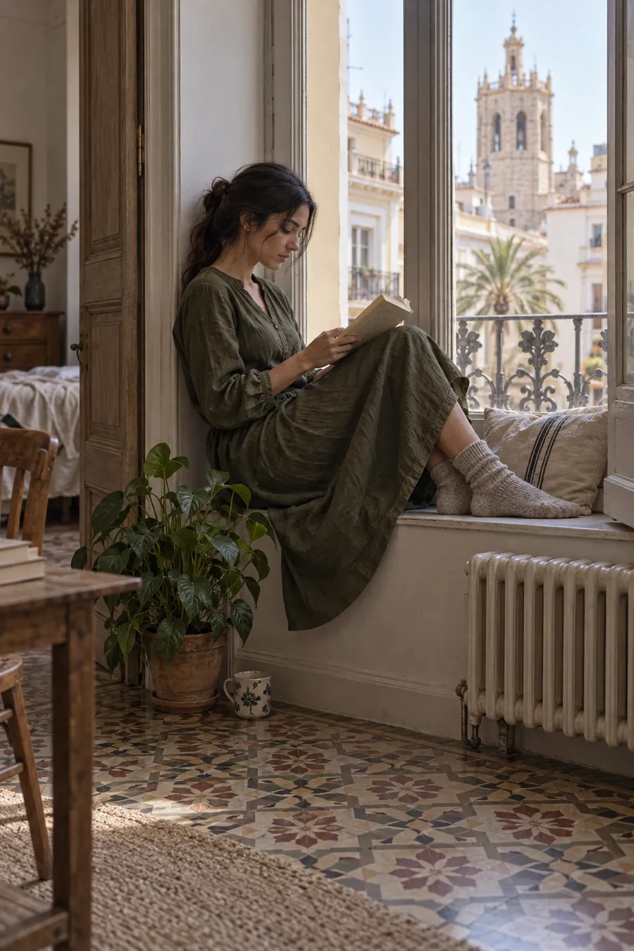 Mujer leyendo junto a la ventana con vestido verde oliva