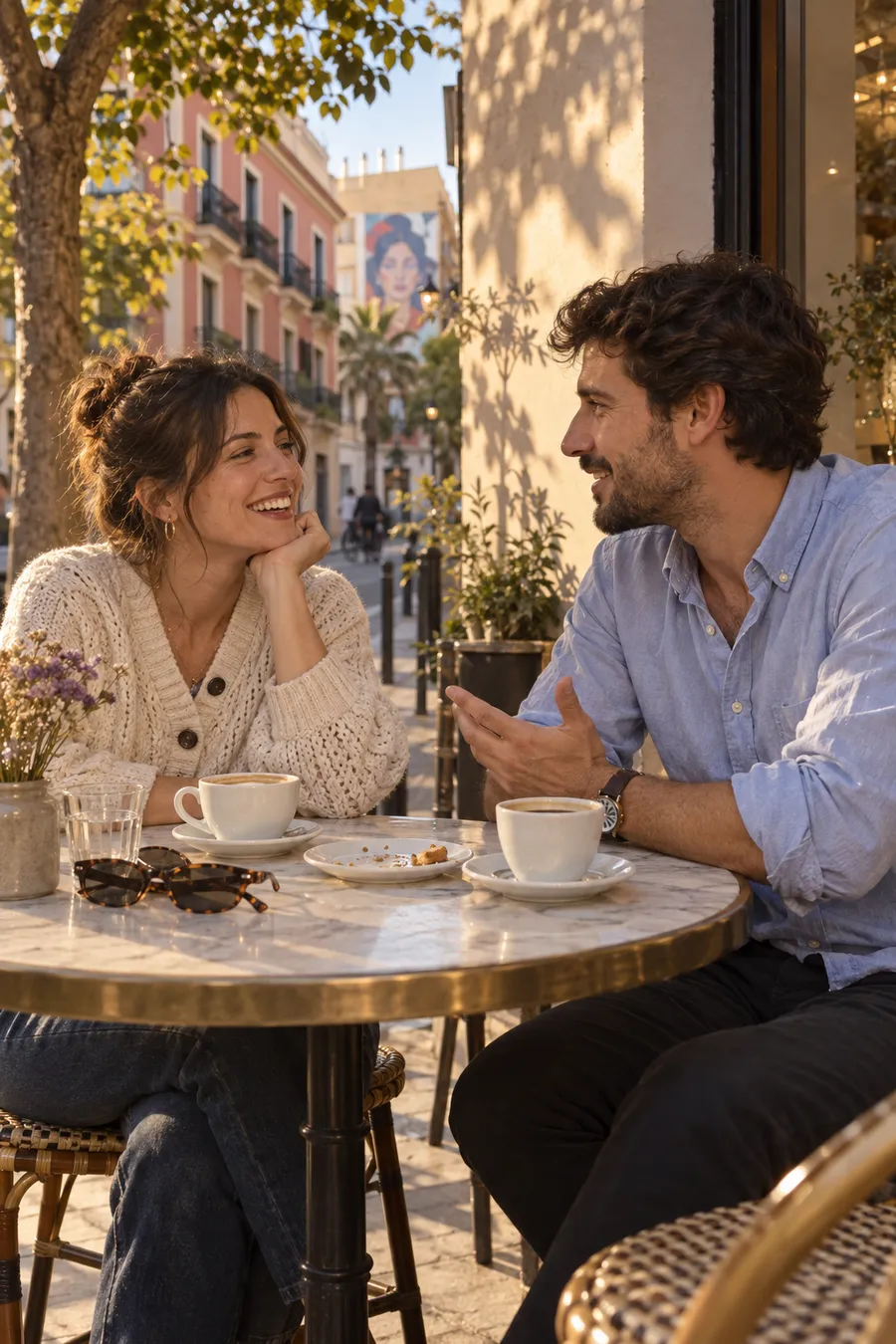 Pareja conversando en una terraza de Russafa con cárdigan crudo y camisa oxford
