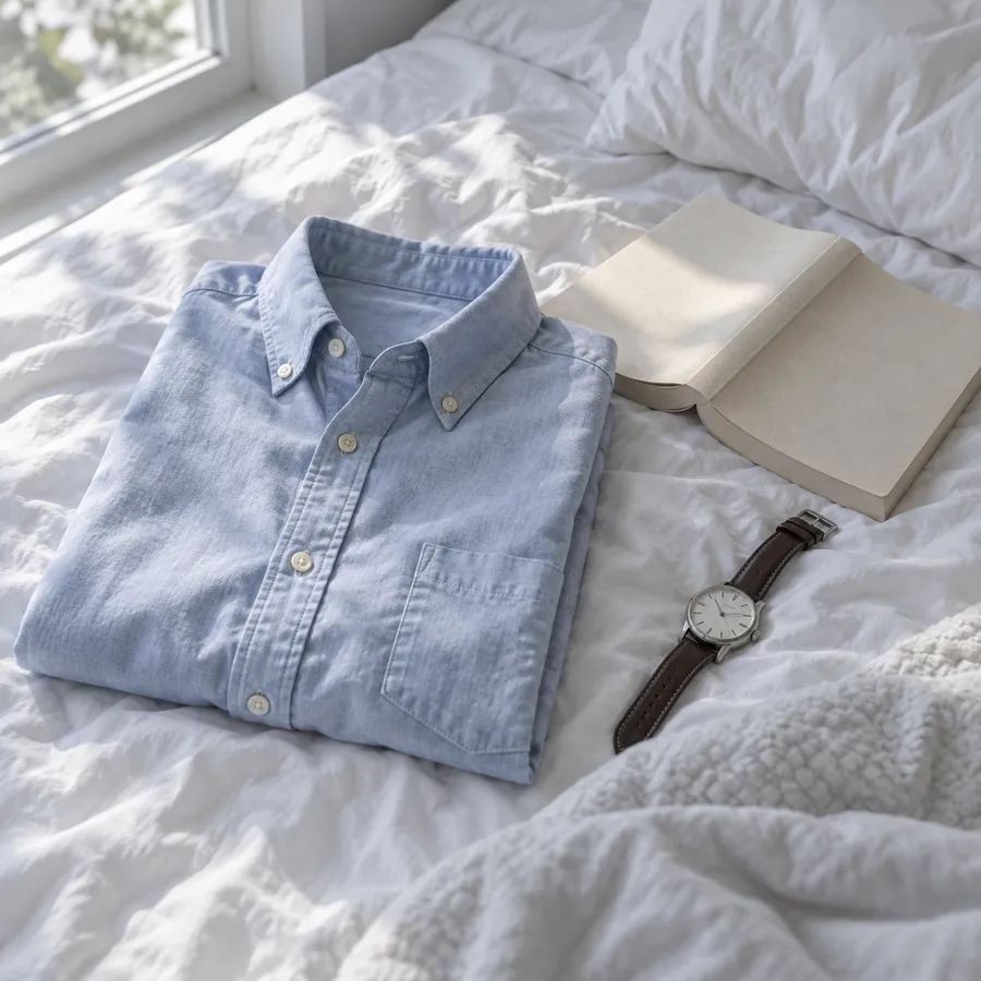 Camisa oxford azul claro doblada sobre una cama junto a un libro y un reloj