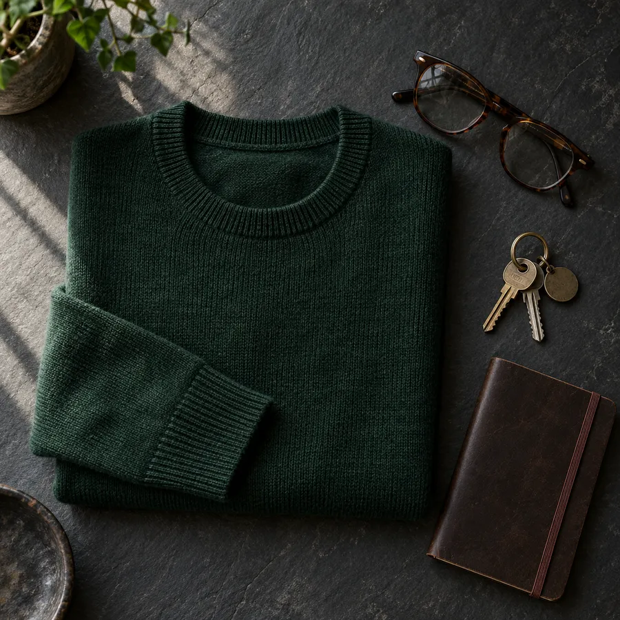 Jersey de cuello redondo verde botella sobre pizarra con gafas y llaves