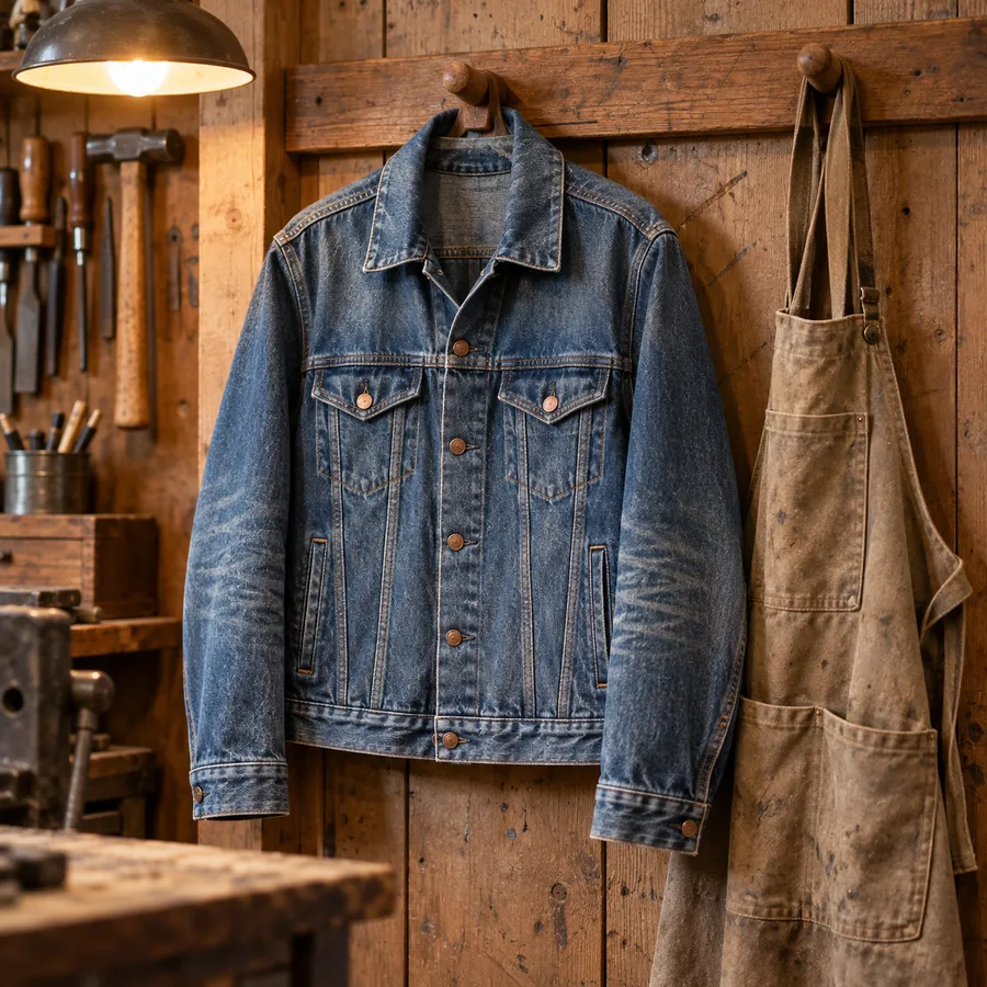Chaqueta vaquera colgada de un perchero de madera en un taller