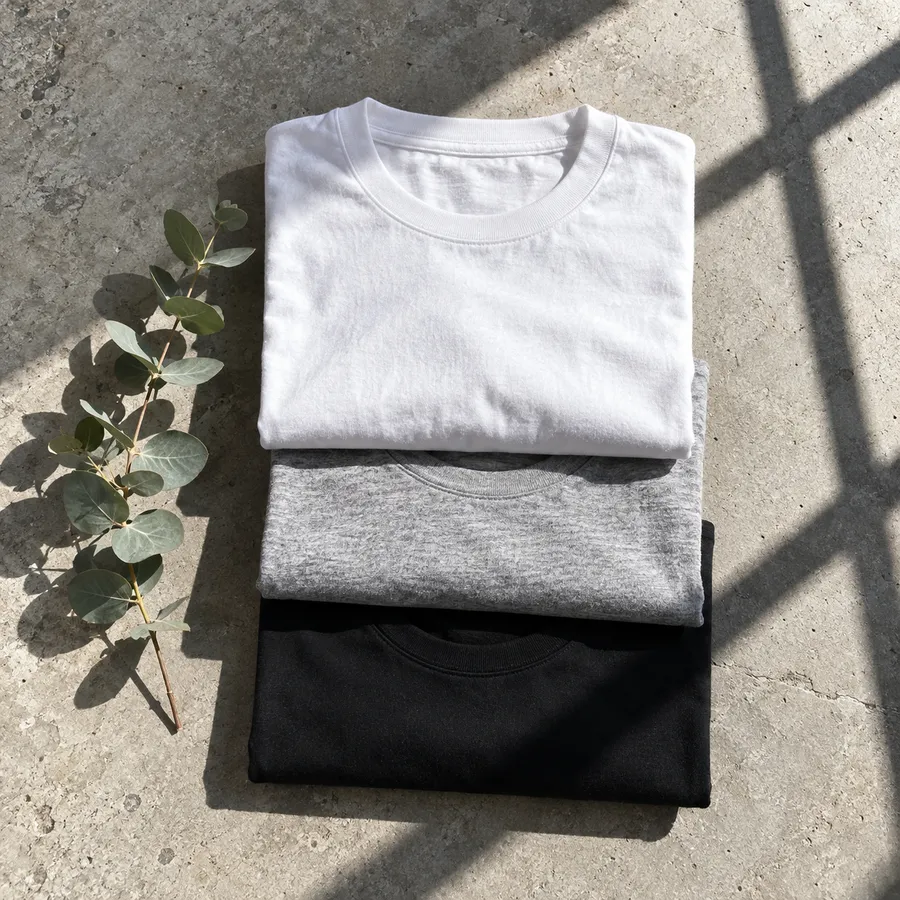Tres camisetas dobladas en blanco, gris y negro sobre hormigón