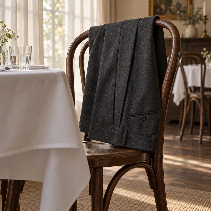 Pantalón de lana gris antracita colgado del respaldo de una silla de café