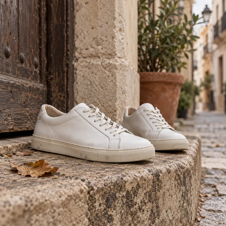 Zapatillas blancas de piel sobre un escalón de piedra en una calle antigua