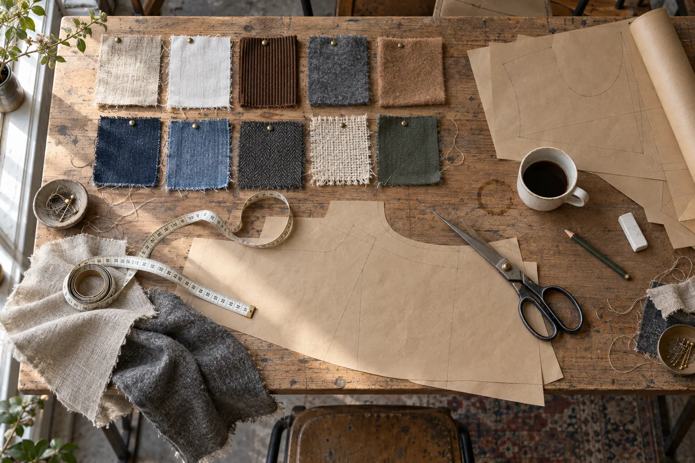 Muestras de lino, pana, lana y denim sobre una mesa de corte