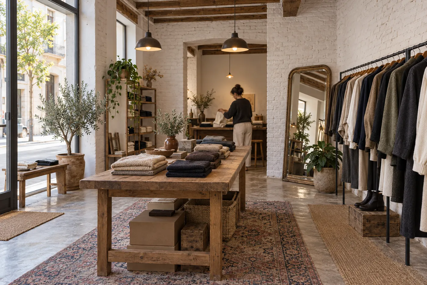 Interior de la tienda Aprop con mesa de roble, prendas dobladas y burro con abrigos