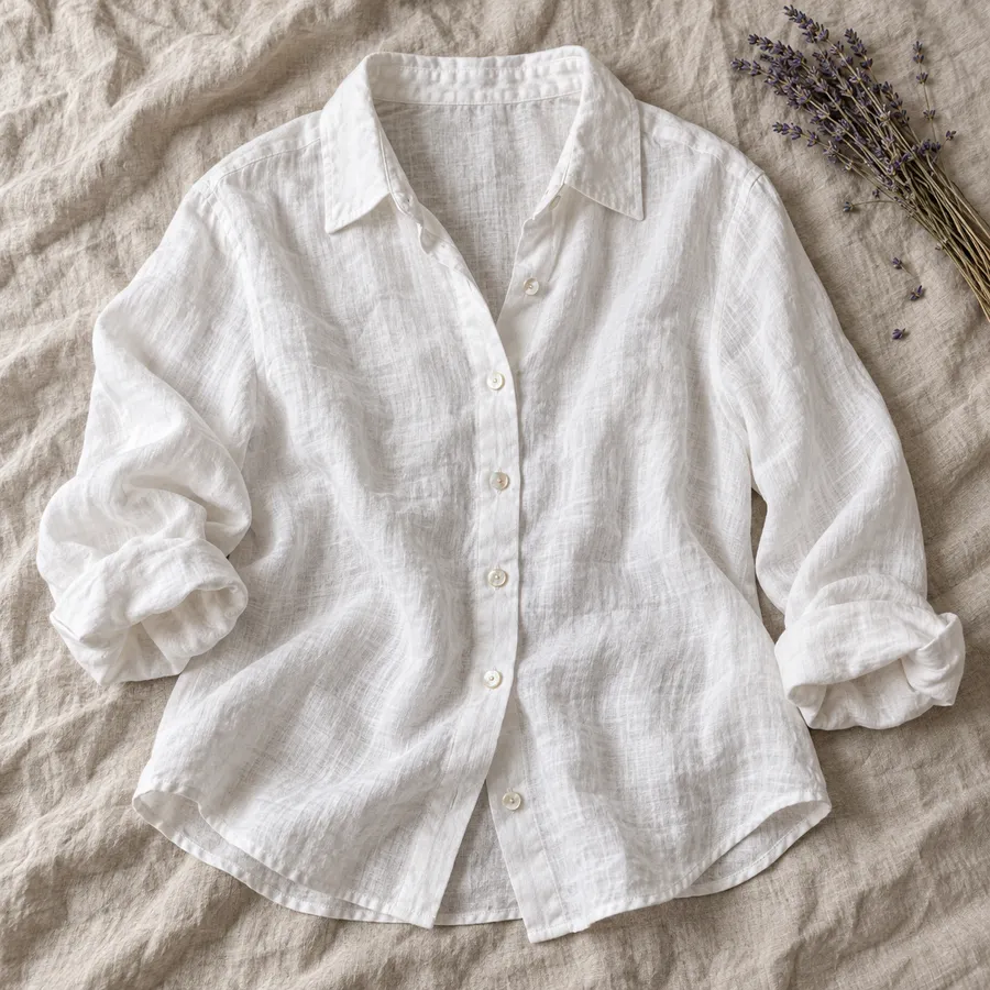 Camisa blanca de lino extendida sobre una sábana de lino arrugada