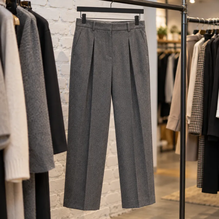 Pantalón sastre gris con pinzas colgado en el burro de la tienda