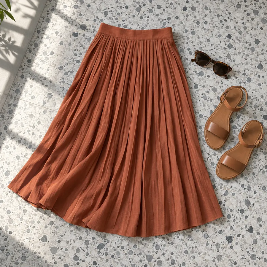 Falda midi plisada color terracota sobre suelo de terrazo junto a sandalias