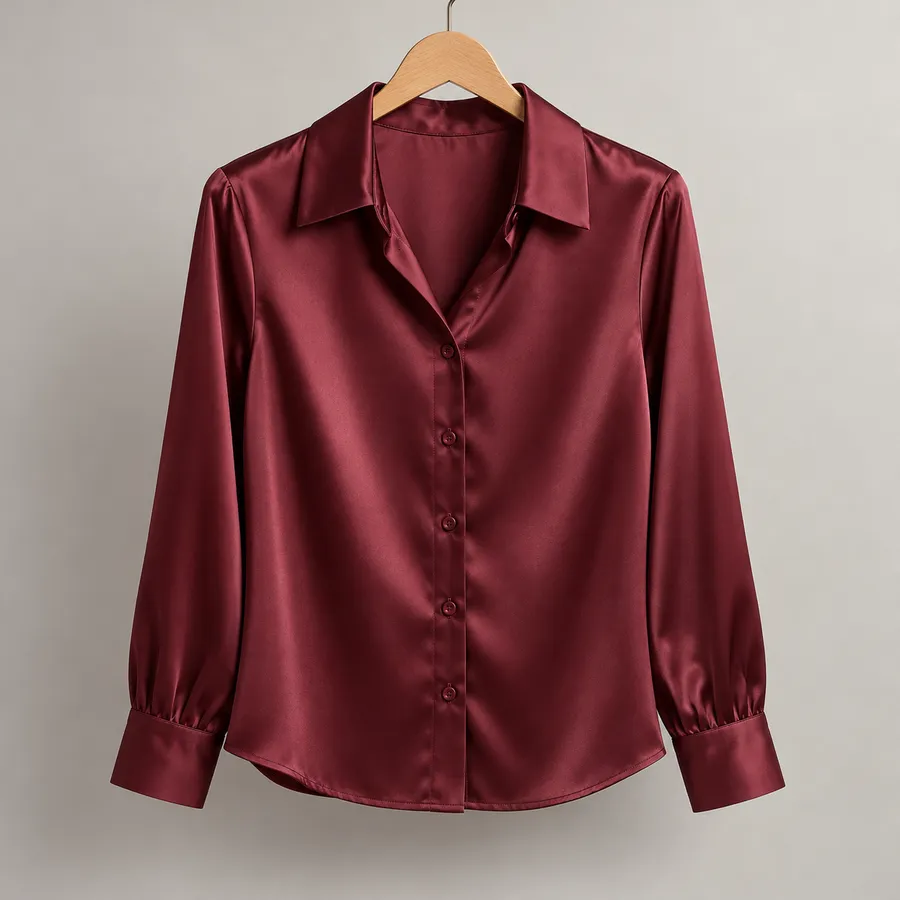 Blusa de satén color burdeos en una percha de madera