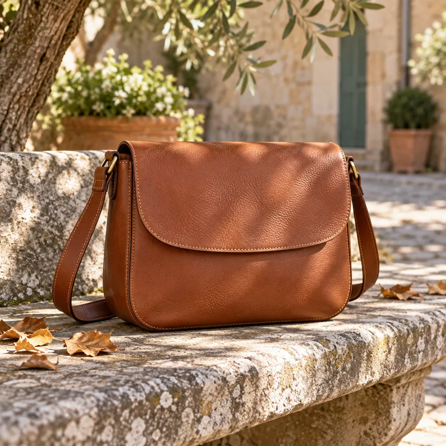 Bolso bandolera de piel color coñac sobre un banco de piedra